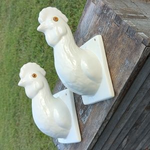 Set of 2 Porcelain vintage Rooster / Chicken head mount towel hanger